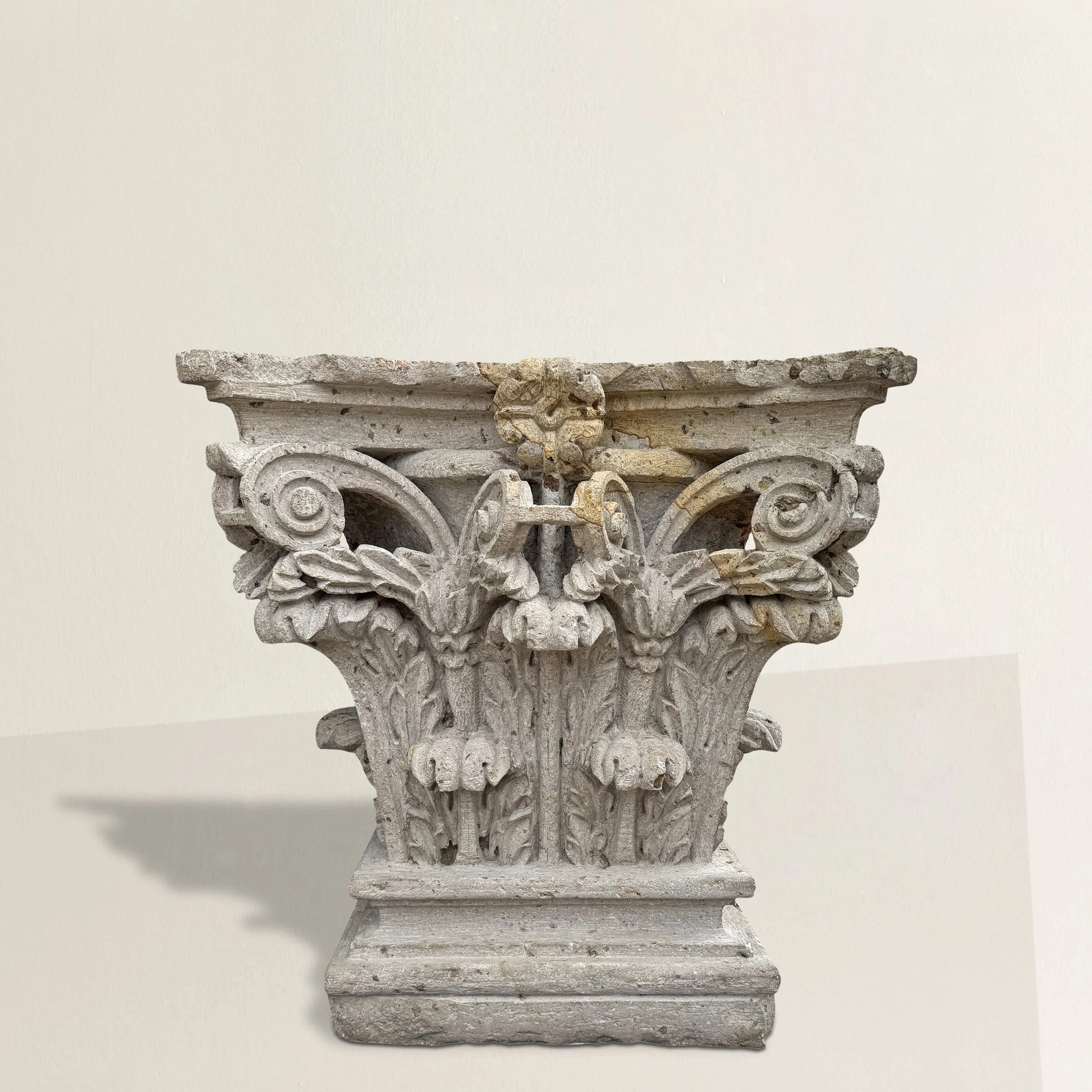 Carved Limestone Corinthian Pilaster Capital Console Table — RIGHT